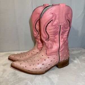 Pink Ostrich Leather Handmade Western Cowboy Boots Women's US 5.5–6 Vintage‎
